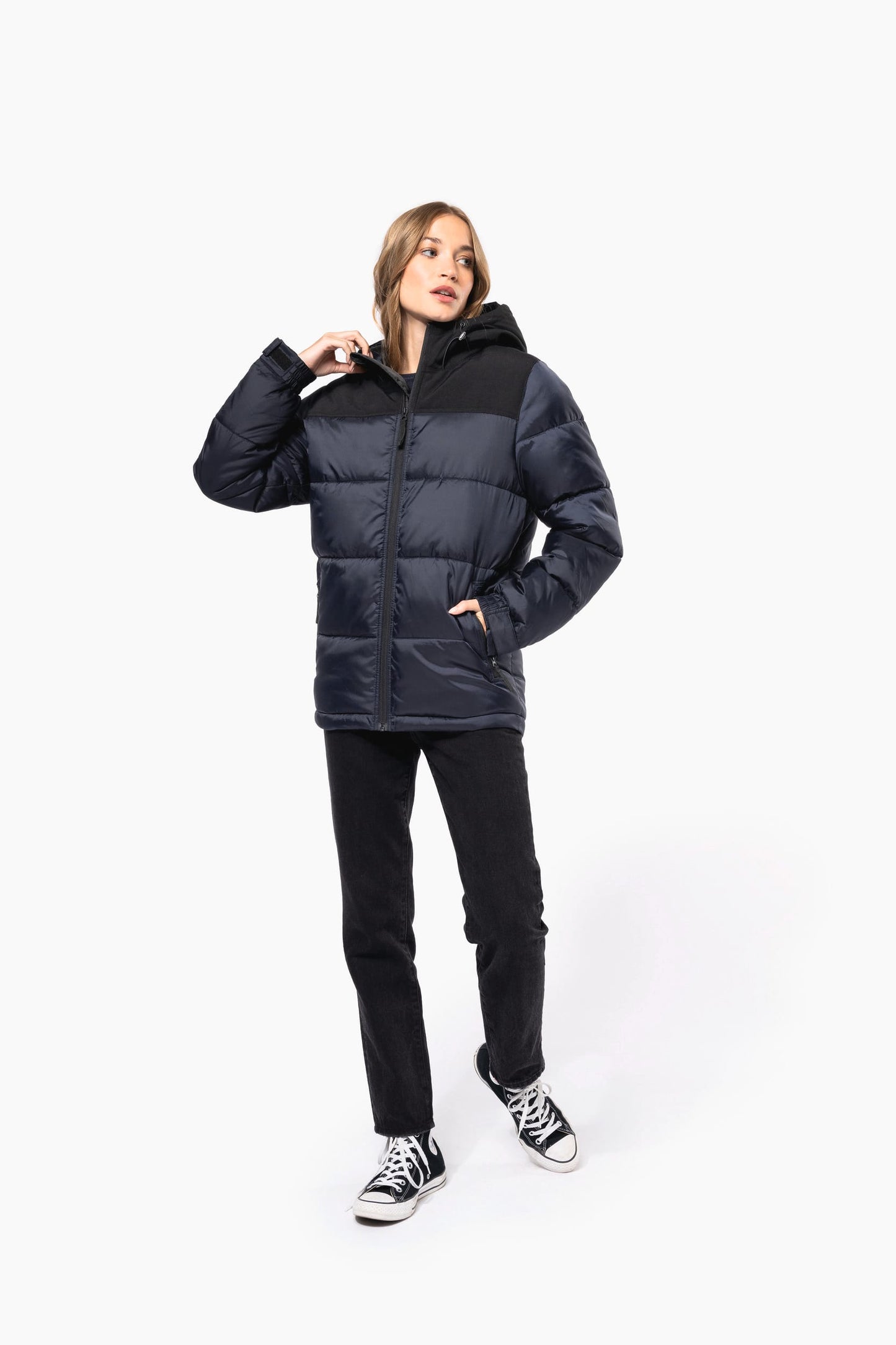 K6163 - Parka imbottito con cappuccio bicolore unisex